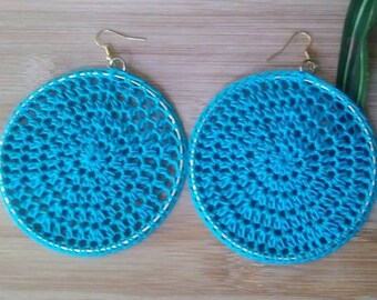 Turquoise Crochet Hoop Earrings | Lace Hoops | Dream Catcher Earrings | Thread Hoops | Cerulean | Teal | Sapphire