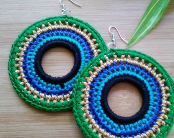 Peacock Crochet Hoop Earrings | Turquoise, Gold, Blue, Black and Green Earrings | Crochet Earrings