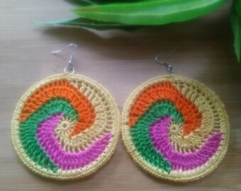 Citrus Swirl Crochet Earrings | Crochet Hoop Earrings | Spring Earrings | Yellow Orange Green and Pink Earrings | Hoops | Thread Hoops