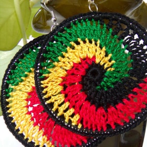 Caribbean Swirl Crochet Hoop Earrings Rasta Earrings Red Yellow Green Black Bob Marley Earrings Thread Hoops Crochet Earrings image 2