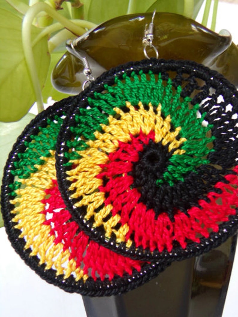 Caribbean Swirl Crochet Hoop Earrings Rasta Earrings Red Yellow Green Black Bob Marley Earrings Thread Hoops Crochet Earrings image 2