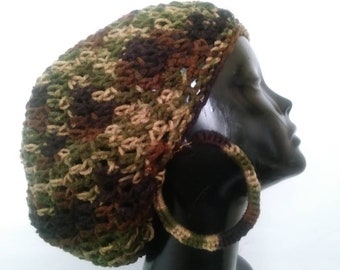 Camouflage Slouchy Beanie Matching Hoop Earrings| Crochet Slouch Hat Match Earring | Rasta Tam | Army Fatigue Hat and Earring | Camo Hat Set