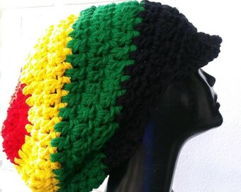 Rasta Slouchy Newsboy Hat with Brim | Red Yellow Black and Green Crochet Hat | Rasta Hat with Brim | Caribbean Crochet Tam