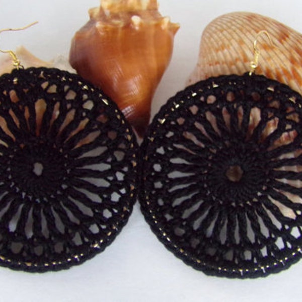 Black Lace Crochet Hoop Earrings | Ebony | Crochet Hoop Earrings | Crocheted Hoops | Boho Style | Thread Earrings | Web Earrings |
