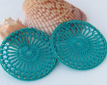 Turquoise Crochet Hoop Earrings | Crochet Earrings | Lace Earrings | Boho Earrings | Crochet Hoop Earrings | Blue Green Earrings | Peacock