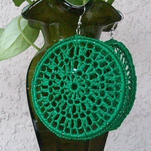 Emerald Green Crochet Earrings, Lace Hoops, Dream Catcher Earrings, Crochet Hoops, Thread Hoopss image 1