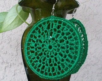 Emerald Green Crochet Earrings, Lace Hoops, Dream Catcher Earrings, Crochet Hoops, Thread Hoopss