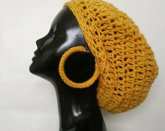 Yellow Slouchy Beanie Matching Hoop Earrings| Slouch Hat Match Earring | Rasta Tam | Hat and Earring | Mustard Hat Set