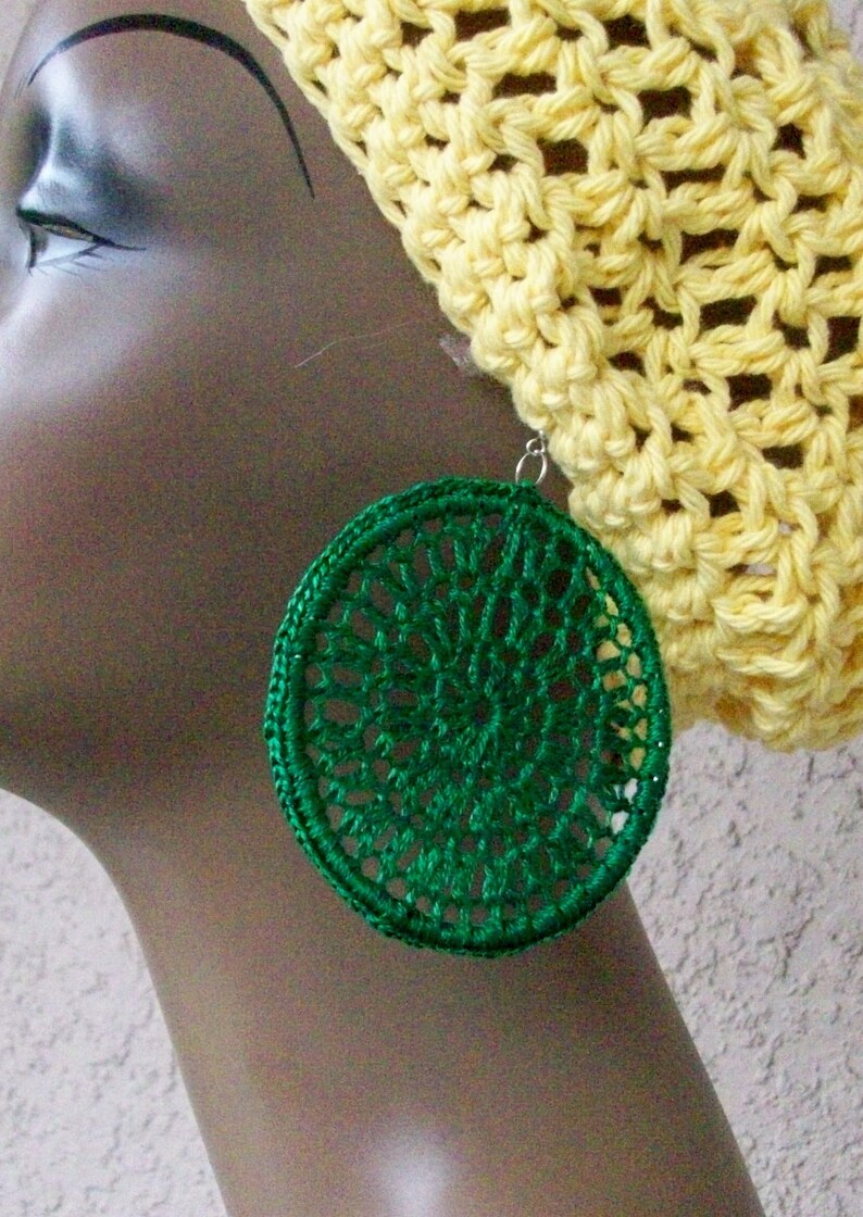 Emerald Green Crochet Earrings, Lace Hoops, Dream Catcher Earrings, Crochet Hoops, Thread Hoopss image 3