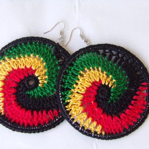 Caribbean Swirl Crochet Hoop Earrings Rasta Earrings Red Yellow Green Black Bob Marley Earrings Thread Hoops Crochet Earrings image 3