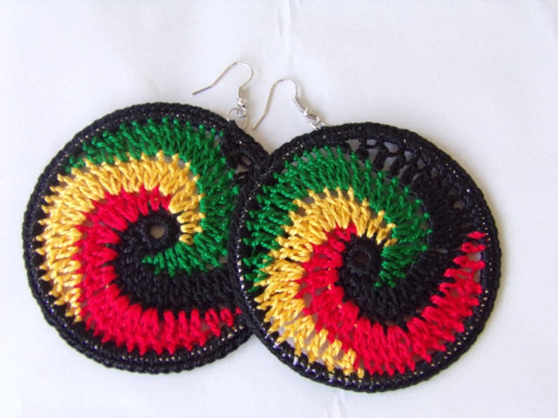 Caribbean Swirl Crochet Hoop Earrings Rasta Earrings Red Yellow Green Black Bob Marley Earrings Thread Hoops Crochet Earrings image 3