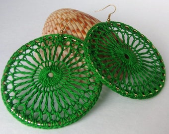 Green Crochet Hoop Earrings | Threader Earrings | Lace Earrings | Emerald Earrings | Green Lace Earrings | Dream Catcher | Mandala | Jade