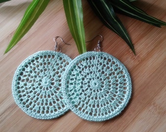 Mint Green Crochet Hoop Earrings | Pastel Green Earrings | Lace Hoops | Dream Catcher Earrings | Mandala | Thread Hoops | Crochet Earrings