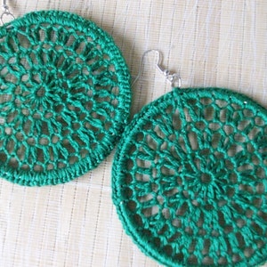 Emerald Green Crochet Earrings, Lace Hoops, Dream Catcher Earrings, Crochet Hoops, Thread Hoopss image 2