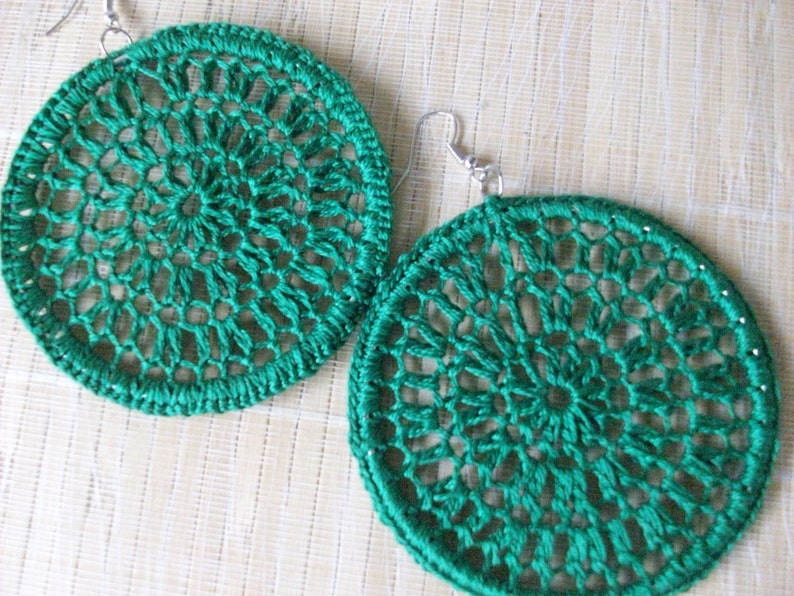 Emerald Green Crochet Earrings, Lace Hoops, Dream Catcher Earrings, Crochet Hoops, Thread Hoopss image 2