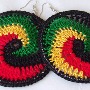 Caribbean Swirl Crochet Hoop Earrings Rasta Earrings Red Yellow Green Black Bob Marley Earrings Thread Hoops Crochet Earrings image 1