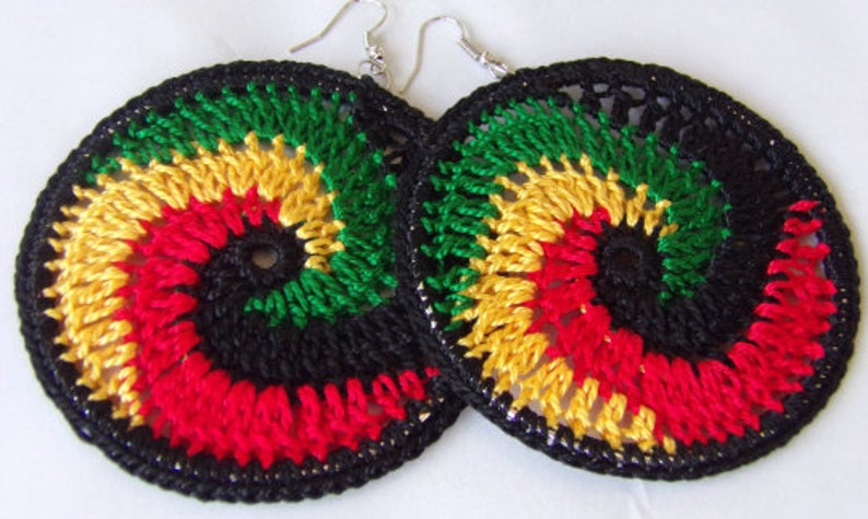 Caribbean Swirl Crochet Hoop Earrings Rasta Earrings Red Yellow Green Black Bob Marley Earrings Thread Hoops Crochet Earrings image 1