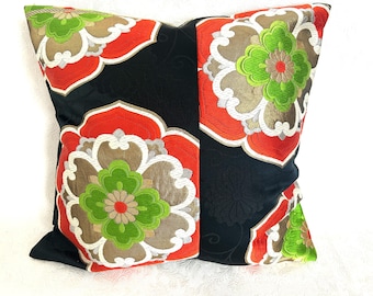Authentic Silk Japanese  Kimono Obi Cushion Cover Vivid Floral Pillow Case 18x18
