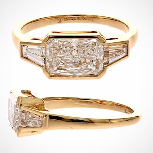 East West 2.80 TCW Radiant & Taper Baguette Cut Lab Grown Diamond 18K Solid Yellow Gold Bezel Set Three Stone Trendy Engagement Ring For Her