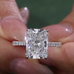 Radiant Cut 3.50 CT Lab Grown Diamond Engagement Ring: 14K White Gold Hidden Halo