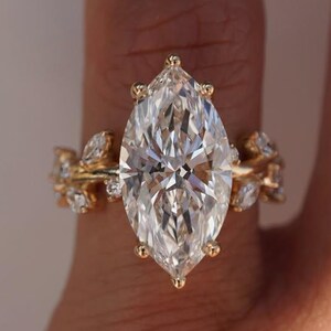 Certify Marquise & Round Cut Lab Grown CVD Diamond 14K Pure Real Gold Hand Crafted Engagement Bridal Ring For Her-Anniversary Birthday Gift