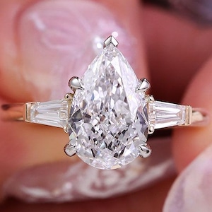 Pear Shaped 3.00 CT 14K Gold Lab Grown Diamond Engagement Ring, Three Stone Ring with Tapered Baguettes, Wedding or Proposal Ring For Her