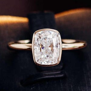 Elongated 1.50 CT Cushion Cut Lab Grown Diamond Bezel Set Solitaire Ring – 14K Yellow Gold Engagement Wedding Ring for Her- Anniversary Gift