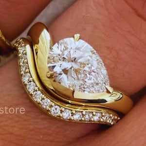 1.80 Carat East West Set Lab Created Pear Cut Diamond 18K Solid Yellow Gold Curve Pave Solitaire Trendy Handmade Engagement Ring For Women