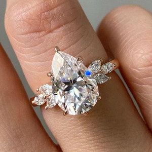 Lab Created Pear Cut Diamond  18K Solid Rose Gold Hidden Halo Cluster Engagement Ring For Her-Wedding Bridal Ring-Promise Handmade Jewelry
