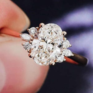 2.00 CT Oval Cut Lab Grown Diamond Cluster Engagement Ring – 10K Solid Yellow Gold Wedding Promise Proposal Ring for Her – Anniversary Gift