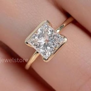 2.00 CT Princess Cut Lab Grown Diamond 10K Pure Yellow Gold Half Bezel Set Solitaire Engagement Ring for Women– Proposal Promise Bridal Ring