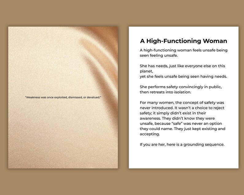 Puede incluir: Doble p&aacute;gina con un fondo beige texturizado. La p&aacute;gina izquierda tiene la cita "Weakness was once exploited, dismissed, or devalued". La p&aacute;gina derecha presenta el t&iacute;tulo "A High-Functioning Woman" y texto relacionado.