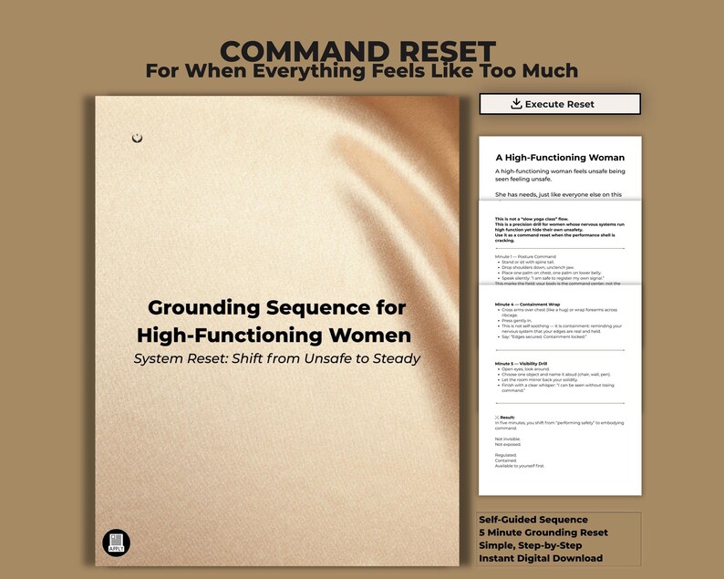 Puede incluir: Una descarga digital titulada "COMMAND RESET" con el texto "Grounding Sequence for High-Functioning Women". El dise&ntilde;o presenta una paleta de colores suaves y neutros con texto y un peque&ntilde;o gr&aacute;fico. La descarga promete un reinicio de 5 minutos.
