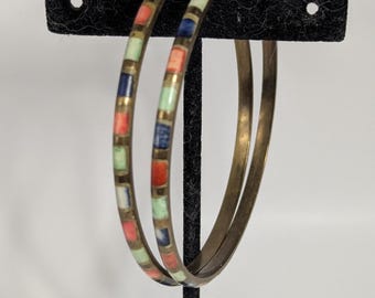 Pair of 8" Vintage Colorful Solid Brass Bangles