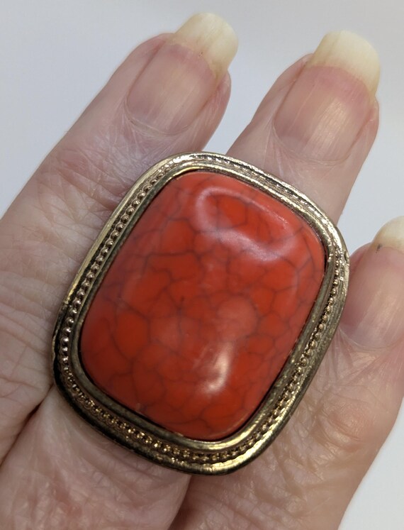 Statement Ring with Fire Red Crackly Stone, Braid… - image 2