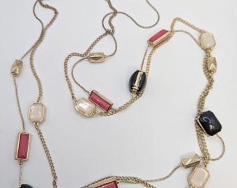 Long Gold Tone Necklace, Black, Rose, Pink Beads, 38"