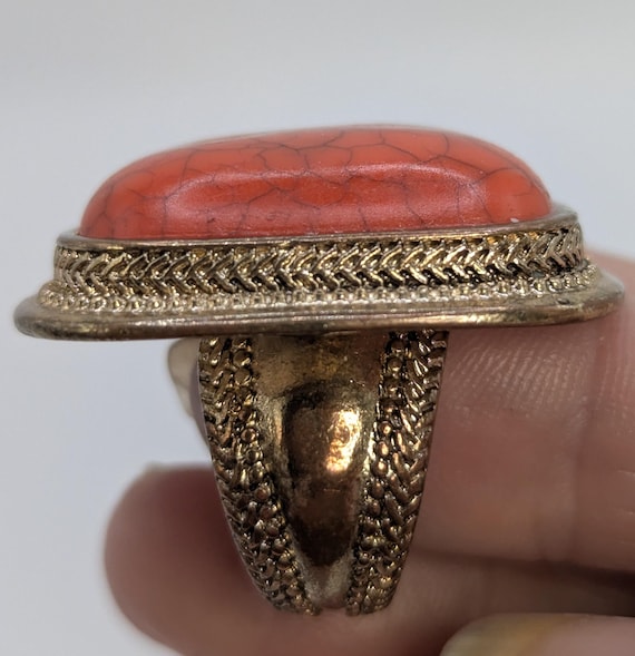 Statement Ring with Fire Red Crackly Stone, Braid… - image 4