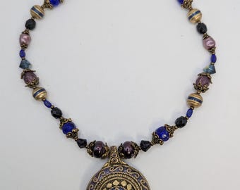 16" Chico's Signed Necklace, Cobalt and Gold Tone