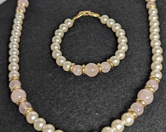 Mid-century Signed Napier Faux Pearl and Rose Quartz Bracelet/Necklace Set