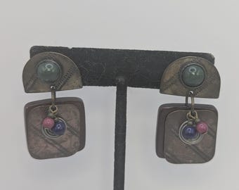 Industrial Copper, Brass, and Stone Earrings, Pierced