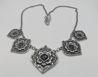 Gothic Silver Tone and Onyx-like Stone Statement Necklace, 22"