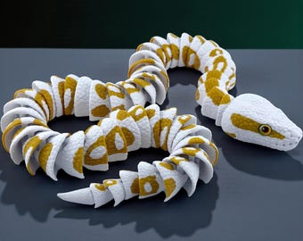 3D Printed Albino Ball Python - White and Gold Realistic Snake Model with Glass Eyes