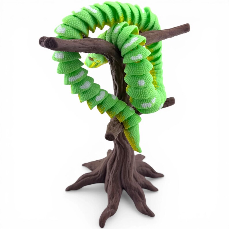 Green Tree Python with Tree Stand, Articulated Flexi 3D Printed Snake Set, Reptile Desk Decor Gift imagen 3