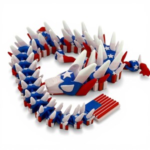 USA Patriot Dragon Figurine, Red White & Blue Flag, Articulated, 3D Printed