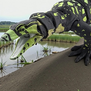 May include: A detailed view of a black and green dinosaur-like creature with an open mouth, revealing a white interior. The creature has yellow-green spots and is positioned near a body of water with tall green grass in the background.