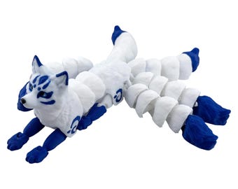 3D Printed Flexi Kitsune Figurine - Articulated 5-Tail Fox, Blue & White Fantasy Creature Decor