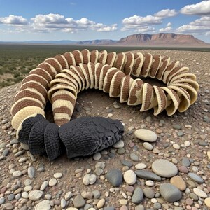 May include: A segmented, articulated toy snake featuring a solid black head and a long, flexible body composed of alternating tan and brown curved plates. The snake is coiled in a circular shape, displaying a detailed, textured scale pattern.