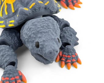 3D Printed Articulated Alligator Snapping Turtle - Gray, 10 Inch Reptile Figurine with Glass Eyes
