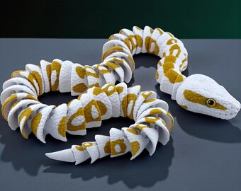 3D Printed Albino Ball Python - White and Gold Realistic Snake Model with Glass Eyes