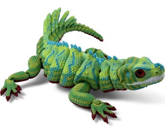 Sailfin Lizard Figurine, Green, Articulated Flexi with Glass Eyes, 3D Printed
